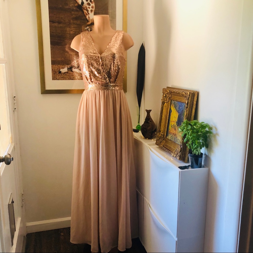 Lulus Elegant Encounter Champagne Sequin Maxi Dres